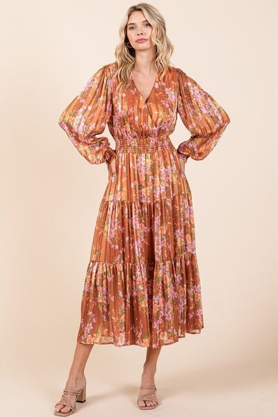 Mittoshop Blumenprint Satin Lurex Streifen Smocked Midikleid