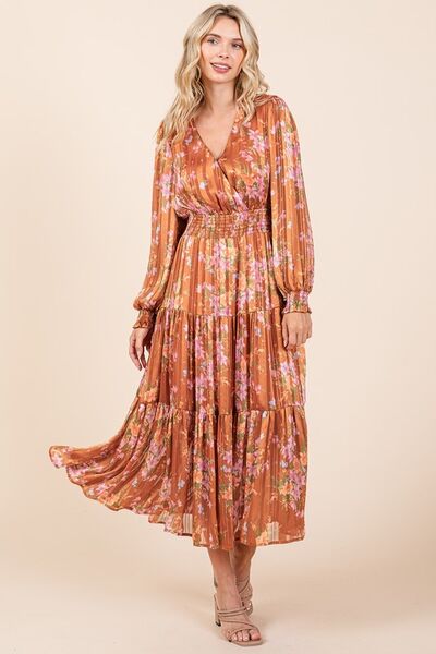 Mittoshop Blumenprint Satin Lurex Streifen Smocked Midikleid