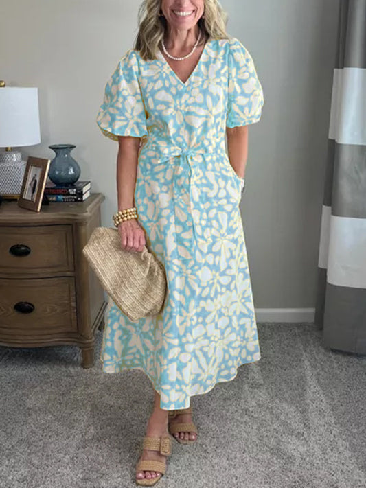 NOUVEAU🔥Robe mi-longue en popeline à manches bouffantes pour femme