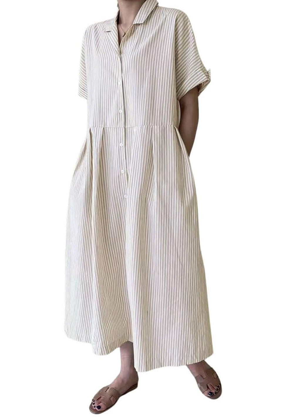 Damen Baumwoll-Streifenhemdkleid Durchgeknöpft Kurzarm Midi Langes Shiftkleid mit Taschen (Beim Kauf von 2 kostenfreier Versand)