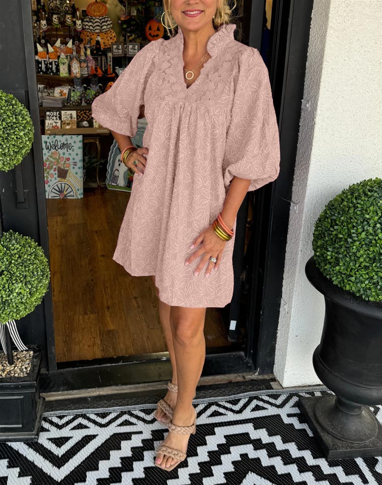 Damen Mini-Kleid mit Puffärmeln und Blatt-Jacquard (2 kaufen, kostenloser Versand)