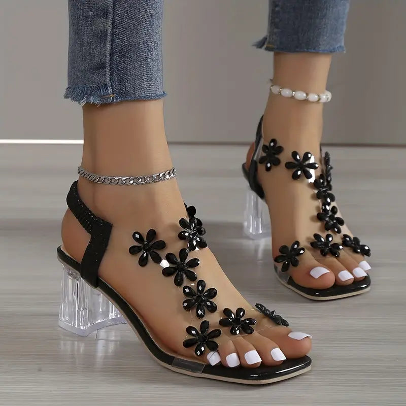 🔥 Dernière journée promotionnelle, 50 % de rabais - Sandales à talons carrés pour femmes avec strass et fleurs