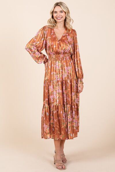 Mittoshop Blumenprint Satin Lurex Streifen Smocked Midikleid