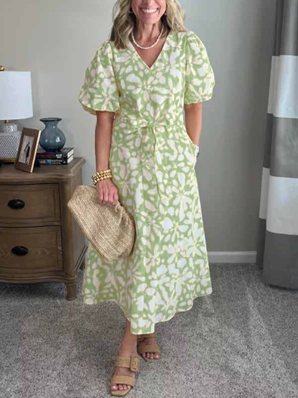 NOUVEAU🔥Robe mi-longue en popeline à manches bouffantes pour femme