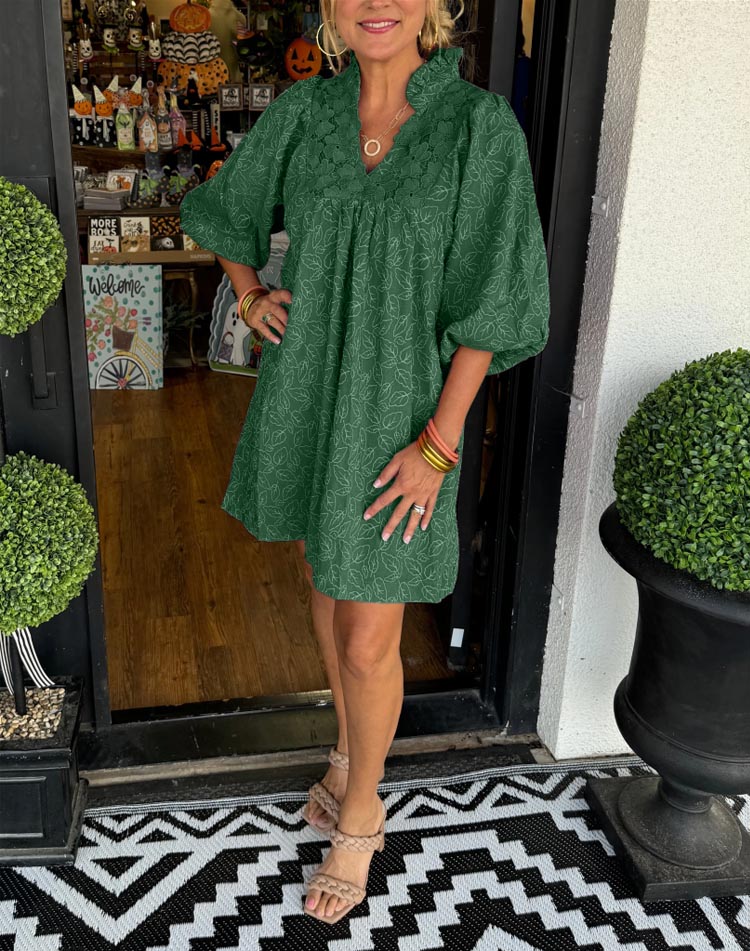 Damen Mini-Kleid mit Puffärmeln und Blatt-Jacquard (2 kaufen, kostenloser Versand)