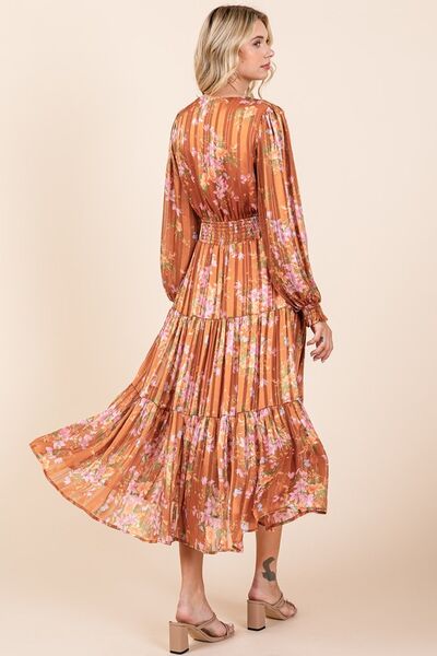 Mittoshop Blumenprint Satin Lurex Streifen Smocked Midikleid