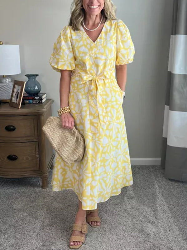 NOUVEAU🔥Robe mi-longue en popeline à manches bouffantes pour femme