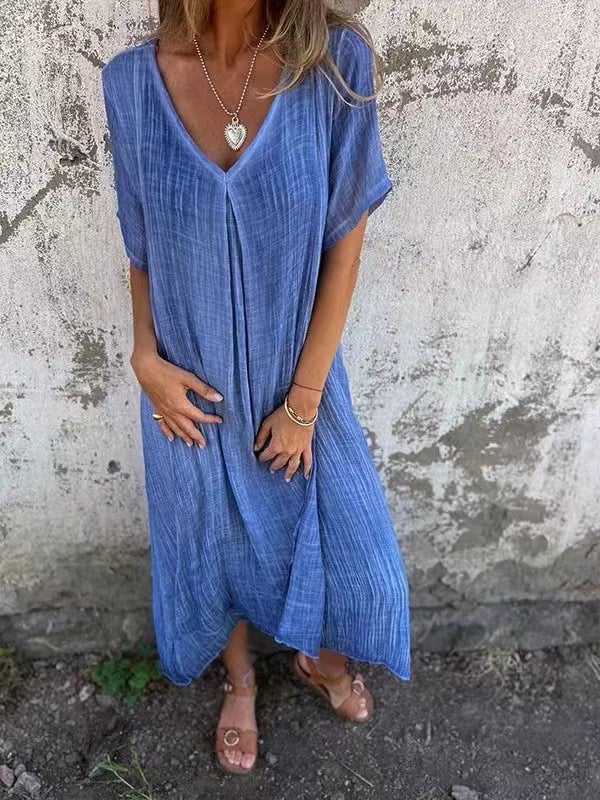 Robe midi en coton et lin à col en V
