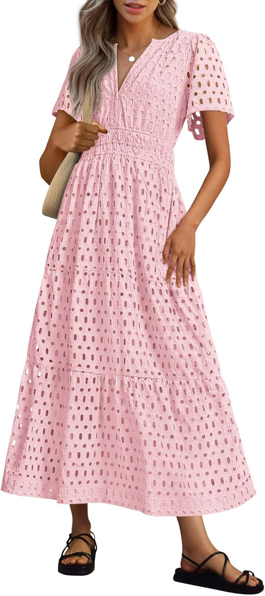 NOUVEAU 🔥 Robe longue d'été 2025 pour femme, manches courtes, col en V, ajourée, œillets, coupe trapèze