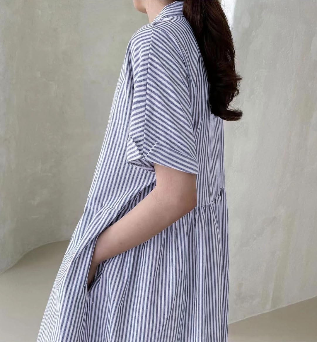 Damen Baumwoll-Streifenhemdkleid Durchgeknöpft Kurzarm Midi Langes Shiftkleid mit Taschen (Beim Kauf von 2 kostenfreier Versand)