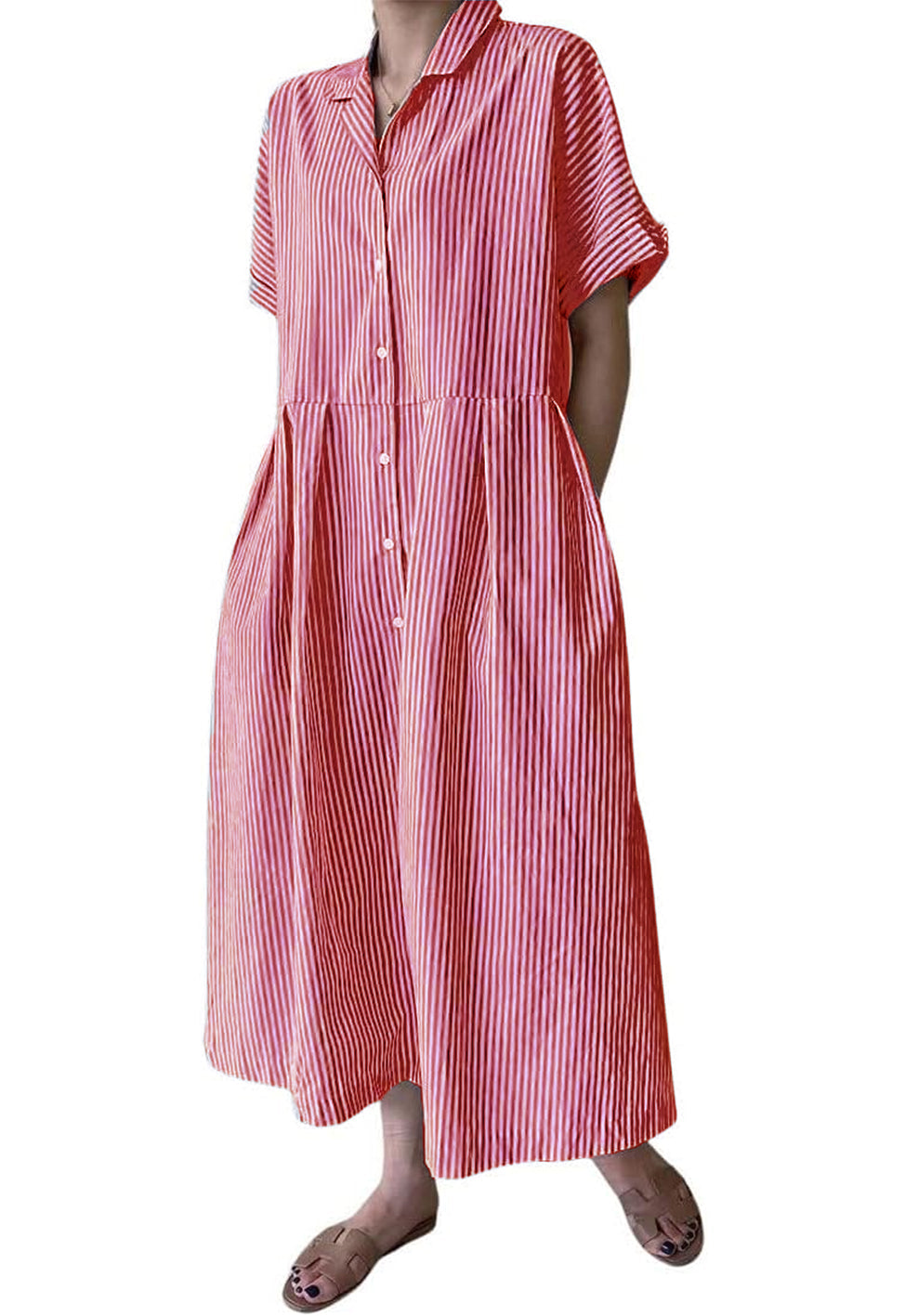 Damen Baumwoll-Streifenhemdkleid Durchgeknöpft Kurzarm Midi Langes Shiftkleid mit Taschen (Beim Kauf von 2 kostenfreier Versand)