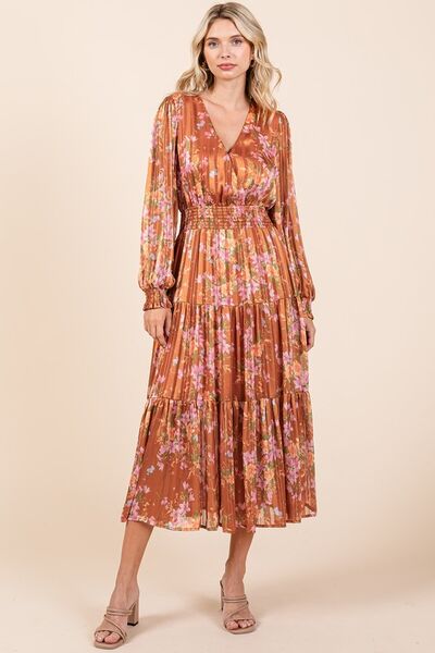 Mittoshop Blumenprint Satin Lurex Streifen Smocked Midikleid
