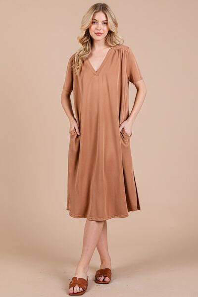 Ces Femme Robe Midi à Manches Courtes, Fentes Latérales et Poches