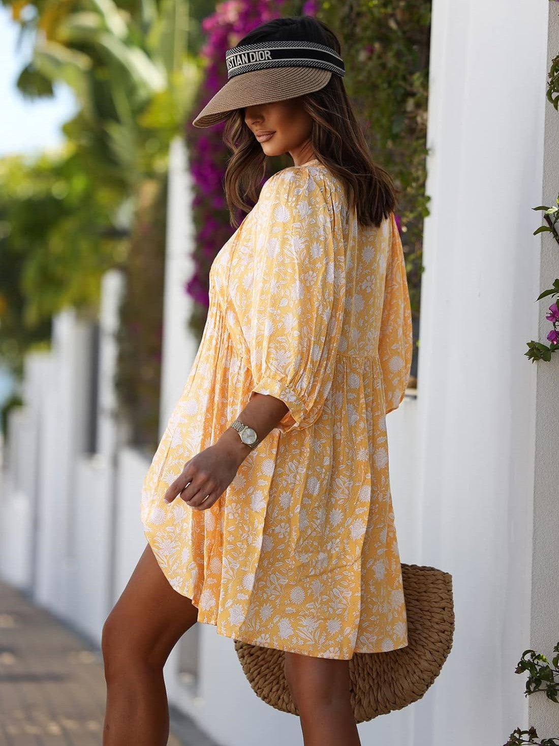 Robe courte tunique fleurie à manches courtes et col en V pour femme (achetez 2, la livraison est gratuite)