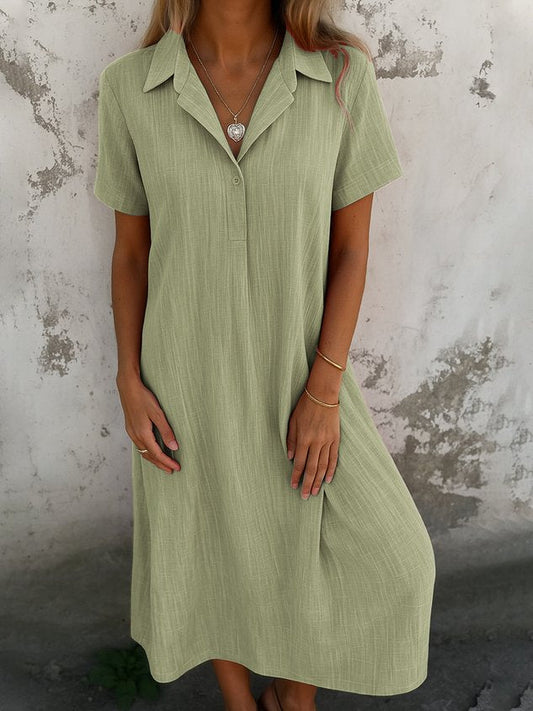 Robe longue décontractée quotidienne coupe trapèze à col chemise et manches courtes unie pour femme (achetez-en 2, livraison gratuite)