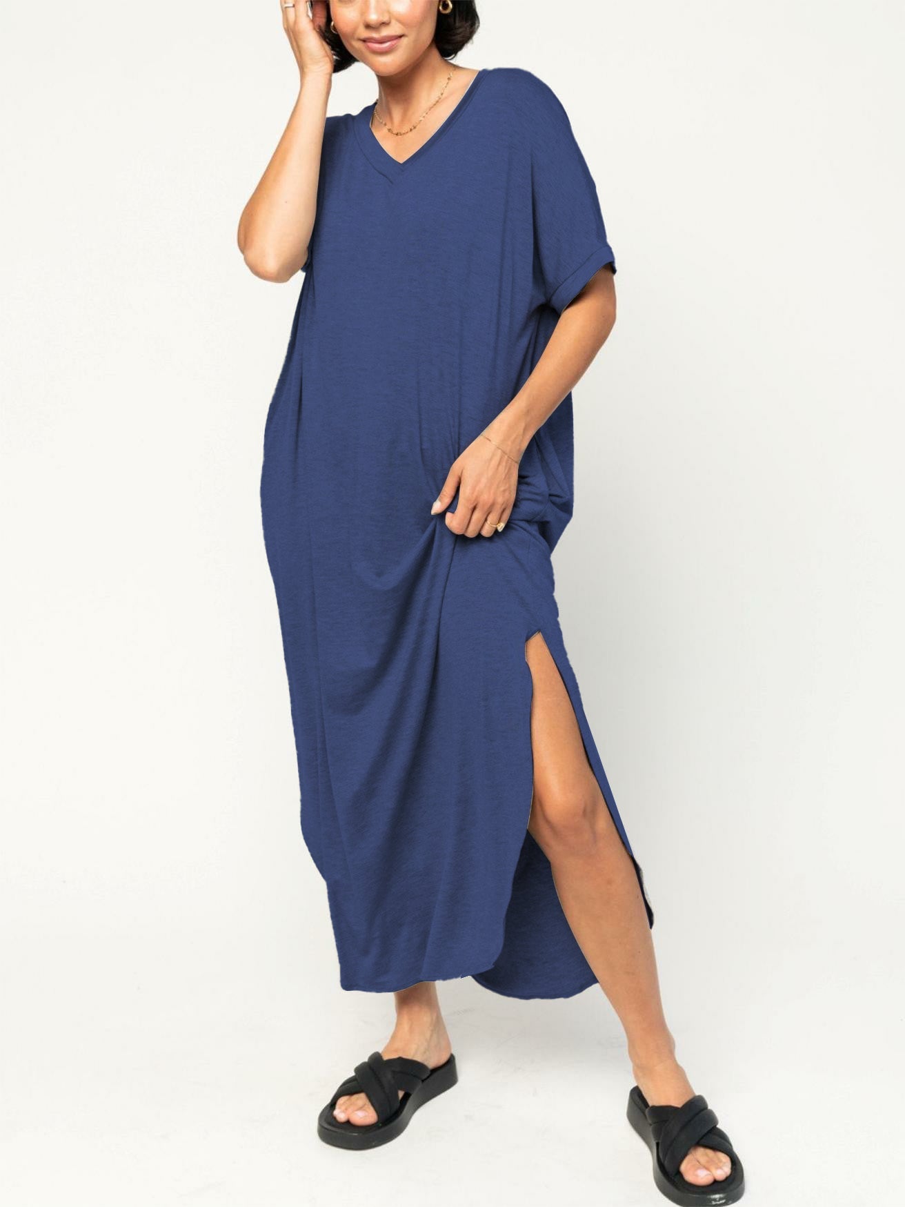 Damen Oversize V-Ausschnitt Split T-Shirt-Kleid (2 kaufen, kostenloser Versand)
