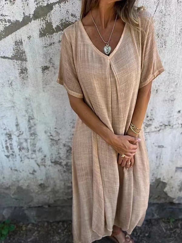 Robe midi en coton et lin à col en V