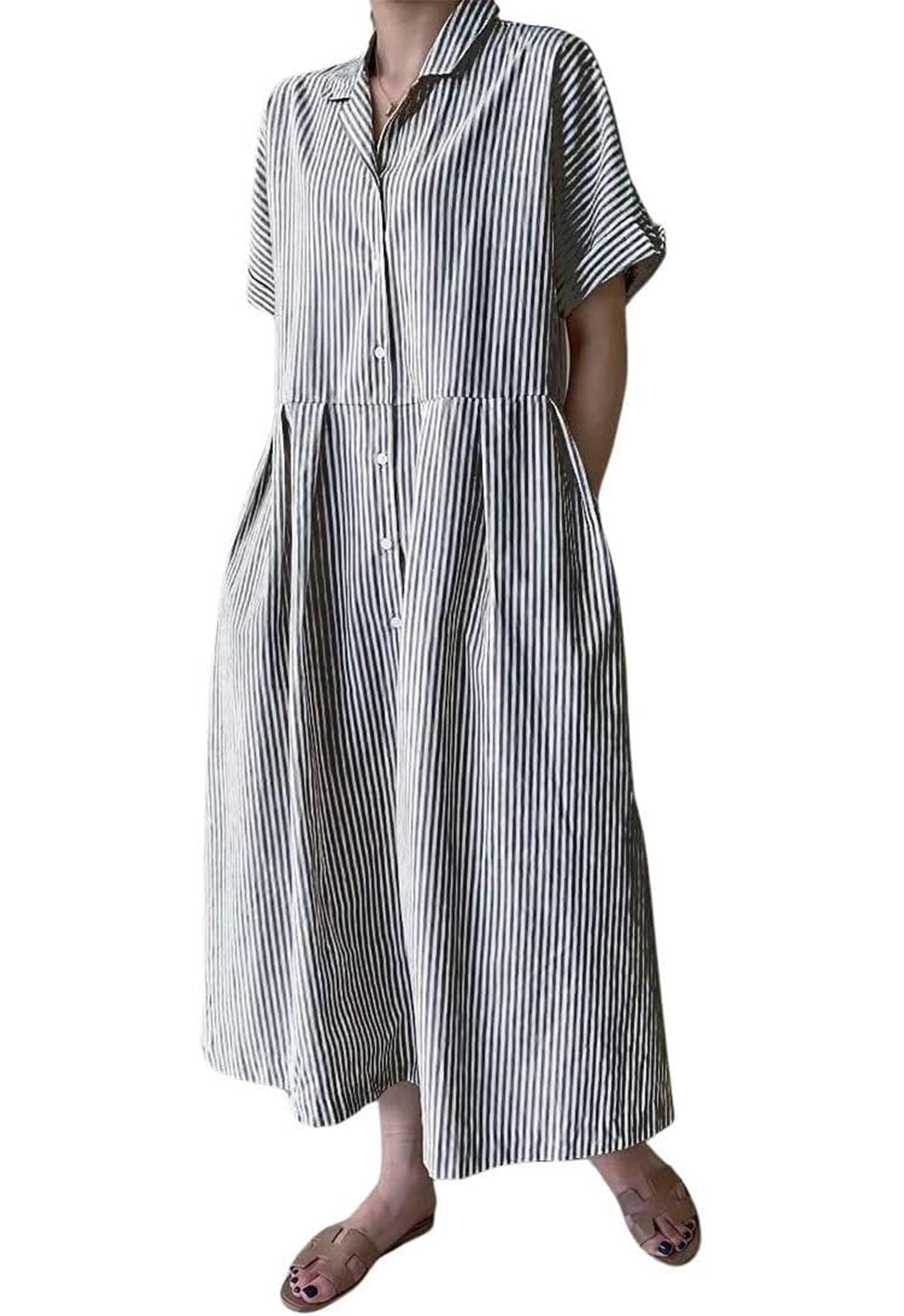 Damen Baumwoll-Streifenhemdkleid Durchgeknöpft Kurzarm Midi Langes Shiftkleid mit Taschen (Beim Kauf von 2 kostenfreier Versand)