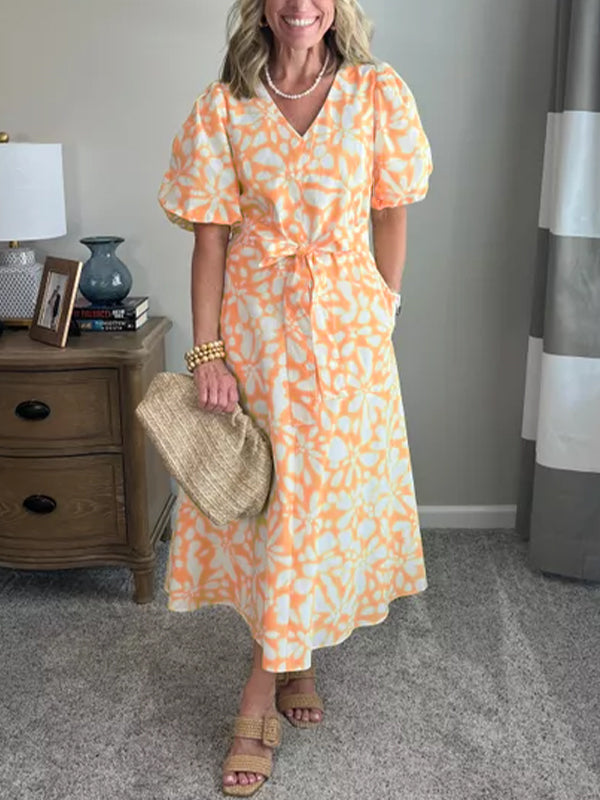 NOUVEAU🔥Robe mi-longue en popeline à manches bouffantes pour femme