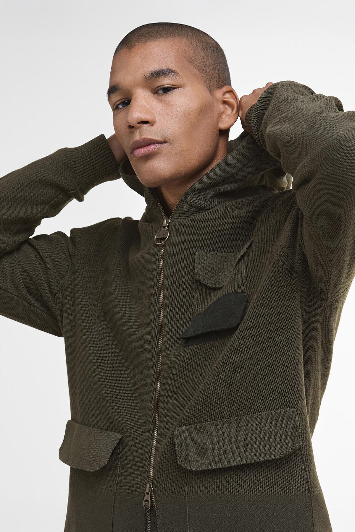Multi-Pocket Knitted Hoodie - DARK OLIVE