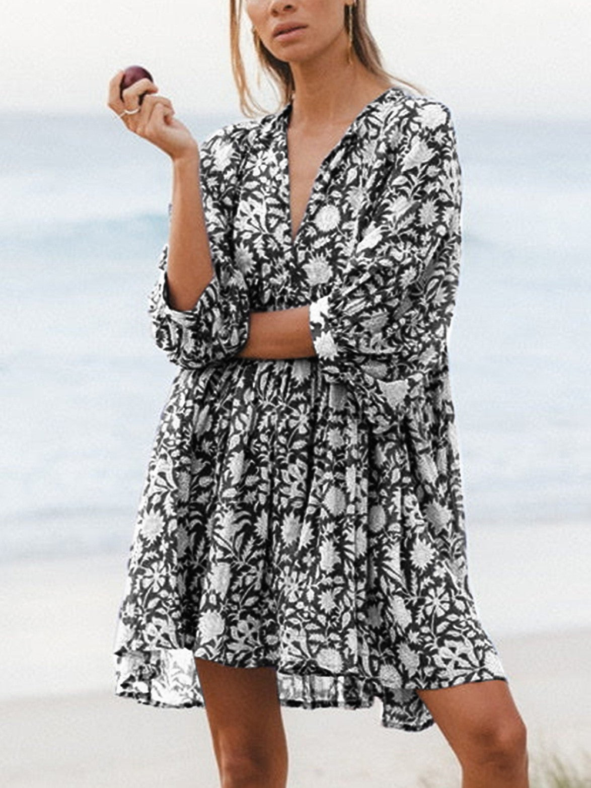 Robe courte tunique fleurie à manches courtes et col en V pour femme (achetez 2, la livraison est gratuite)