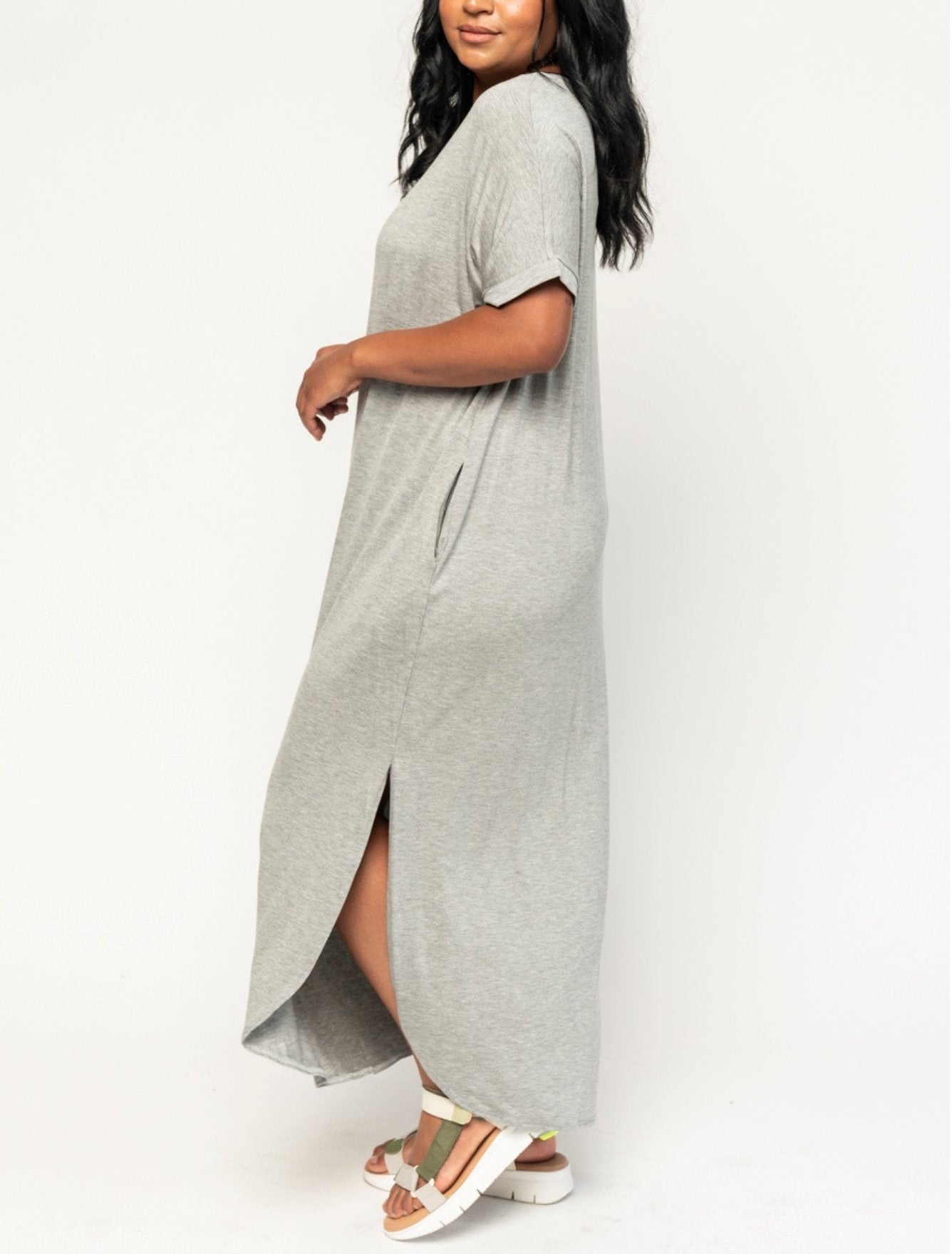 Damen Oversize V-Ausschnitt Split T-Shirt-Kleid (2 kaufen, kostenloser Versand)