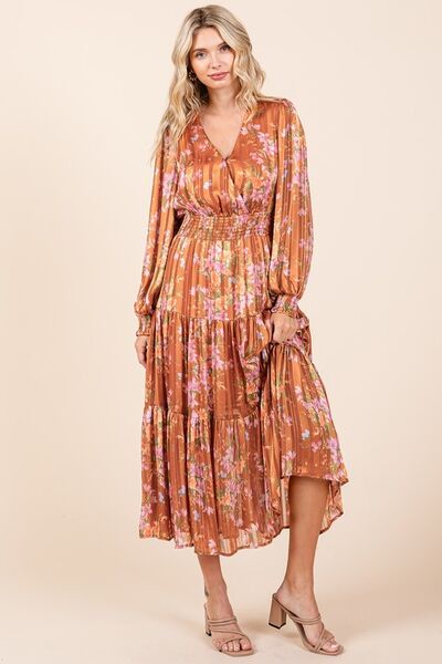 Mittoshop Blumenprint Satin Lurex Streifen Smocked Midikleid