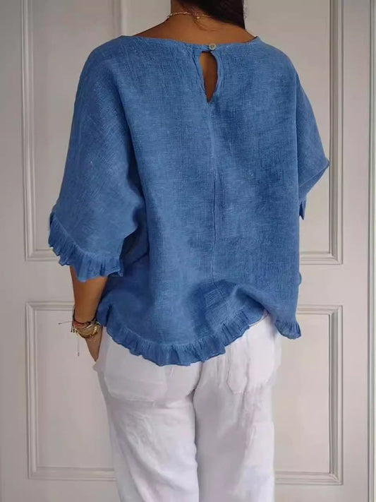 🔥Clearance Sale🔥 Women's Round Neck Ruffled Cotton And Linen Top