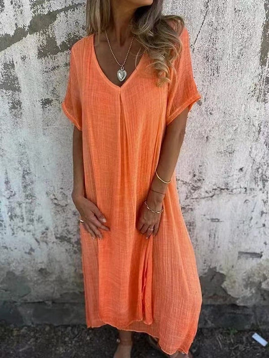 Robe midi en coton et lin à col en V