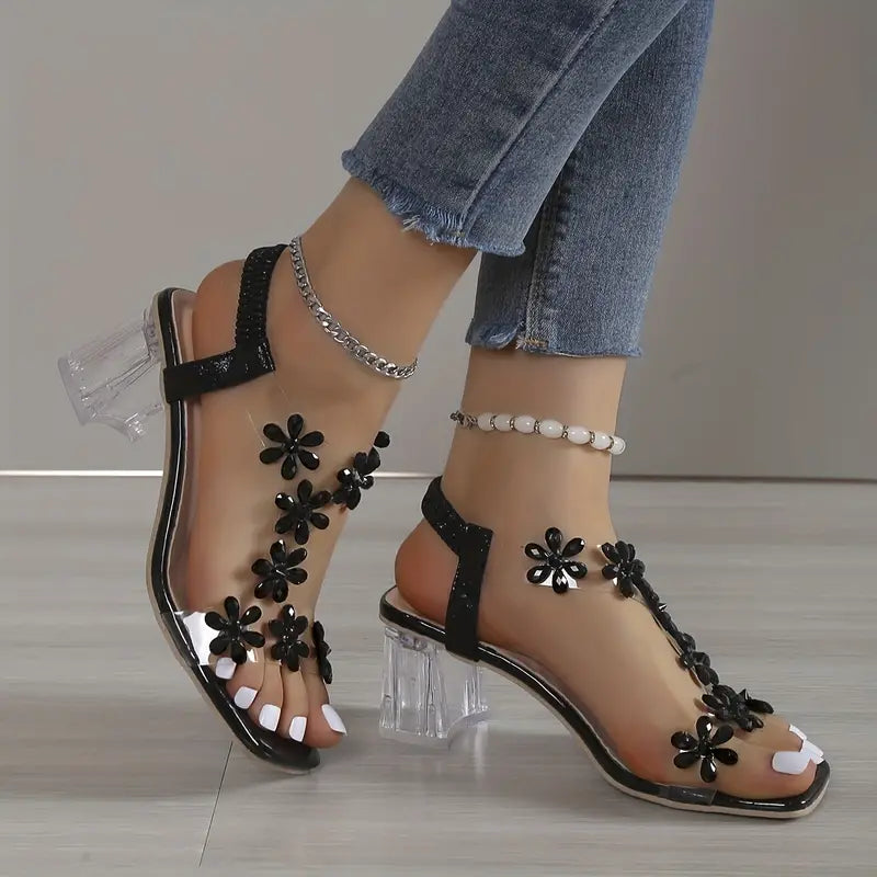 🔥 Dernière journée promotionnelle, 50 % de rabais - Sandales à talons carrés pour femmes avec strass et fleurs