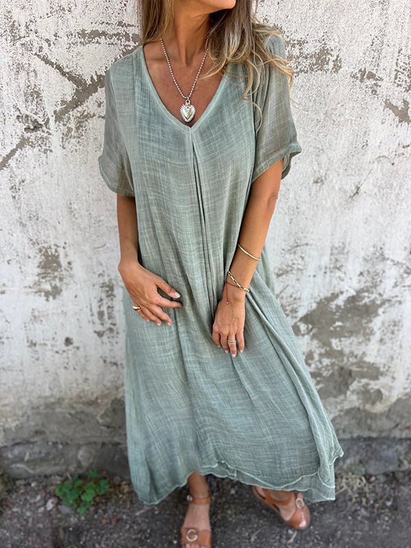 Robe midi en coton et lin à col en V