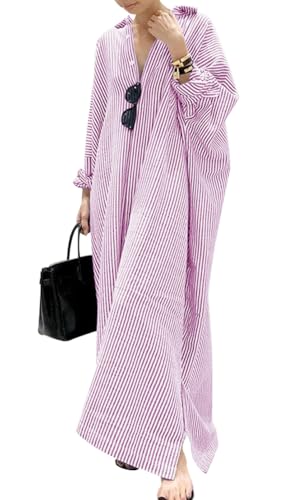 Robe chemise longue en coton rayée décontractée à manches longues boutonnée pour femme