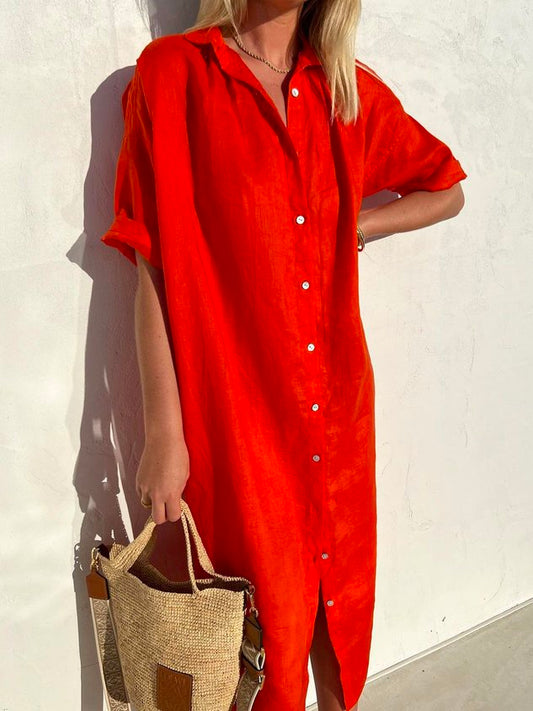 Robe Femme Ample Décontractée Élégante Manches Mi-longues Boutonnée en Coton Lin