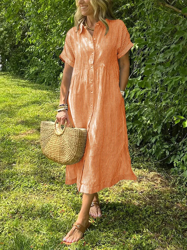 NEW🔥 Striped Lapel Button Down Shirt Dress