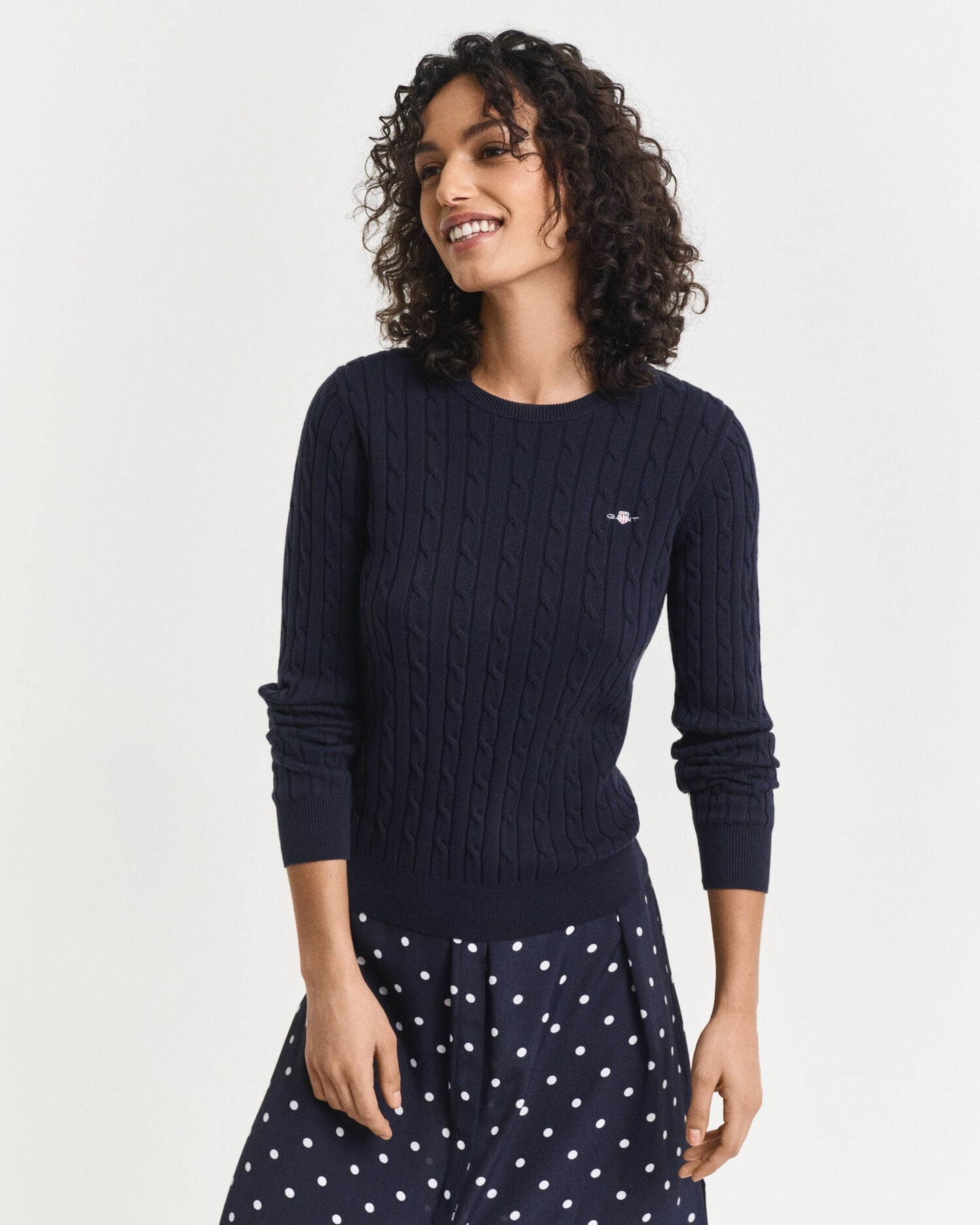 Stretch Cotton Cable Knit Crew Neck Sweater