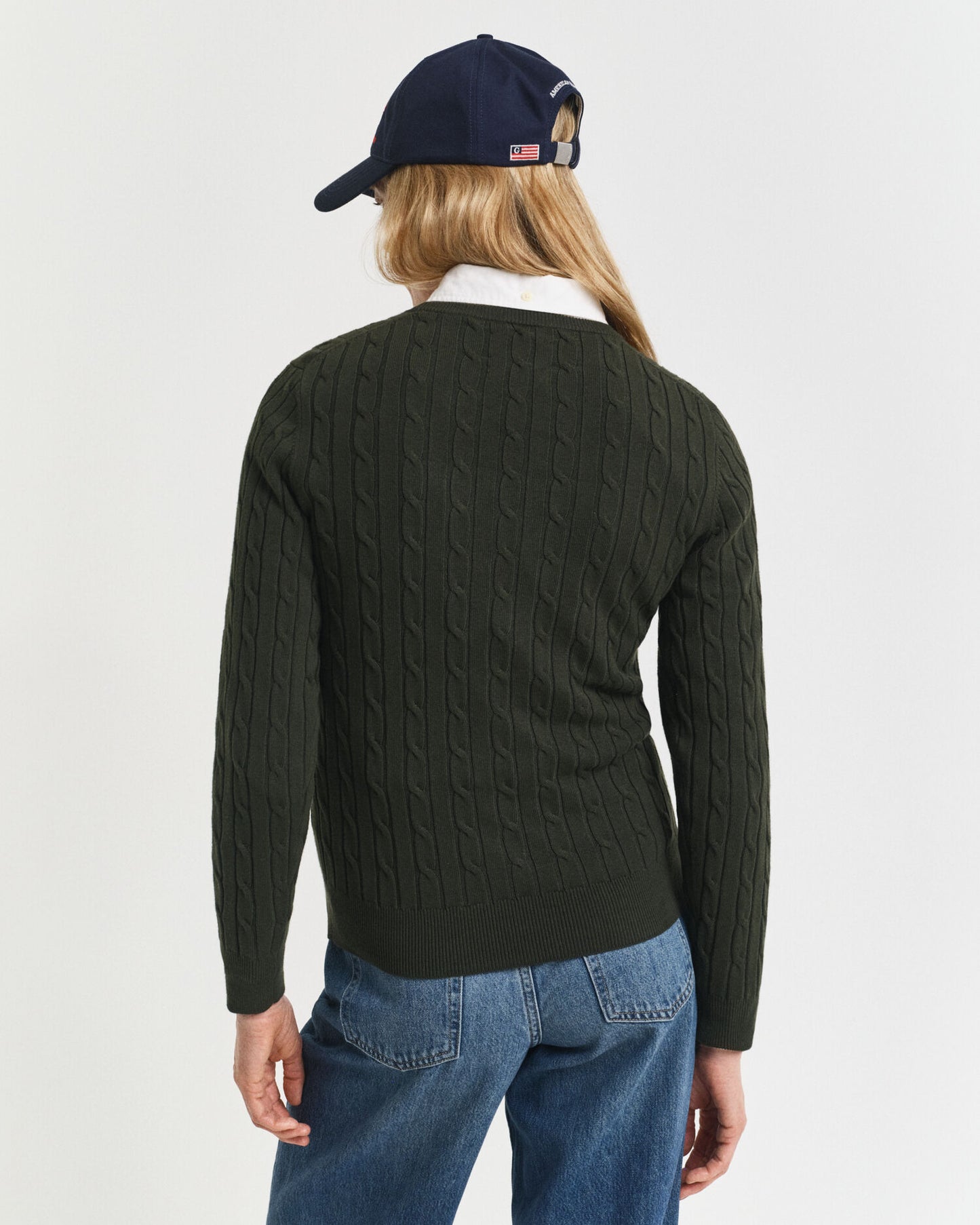 Stretch Cotton Cable Knit Crew Neck Sweater