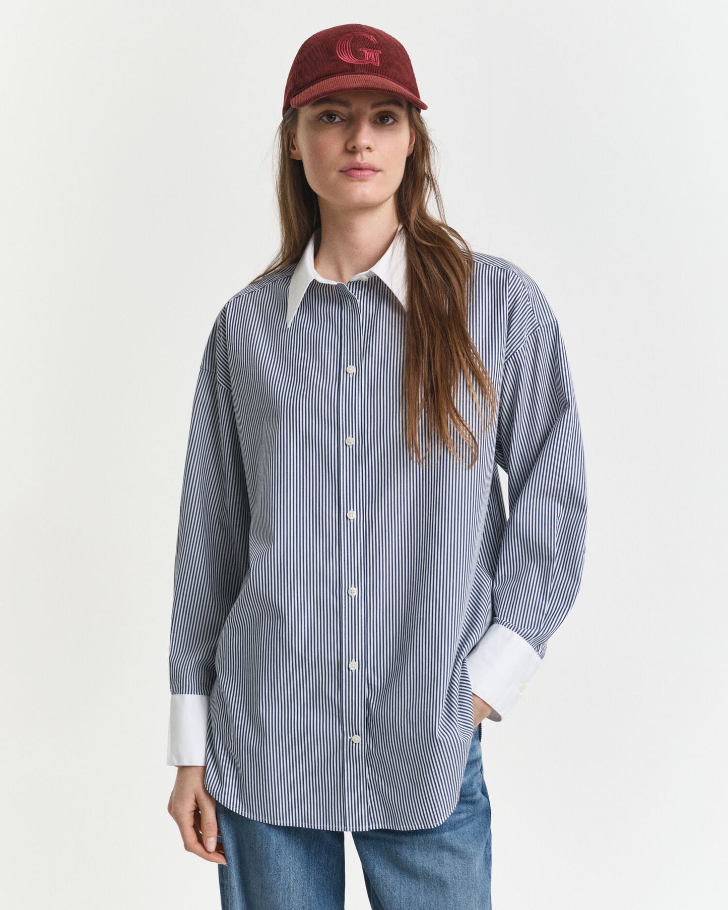 Oversized Contrast Collar Striped Shirt